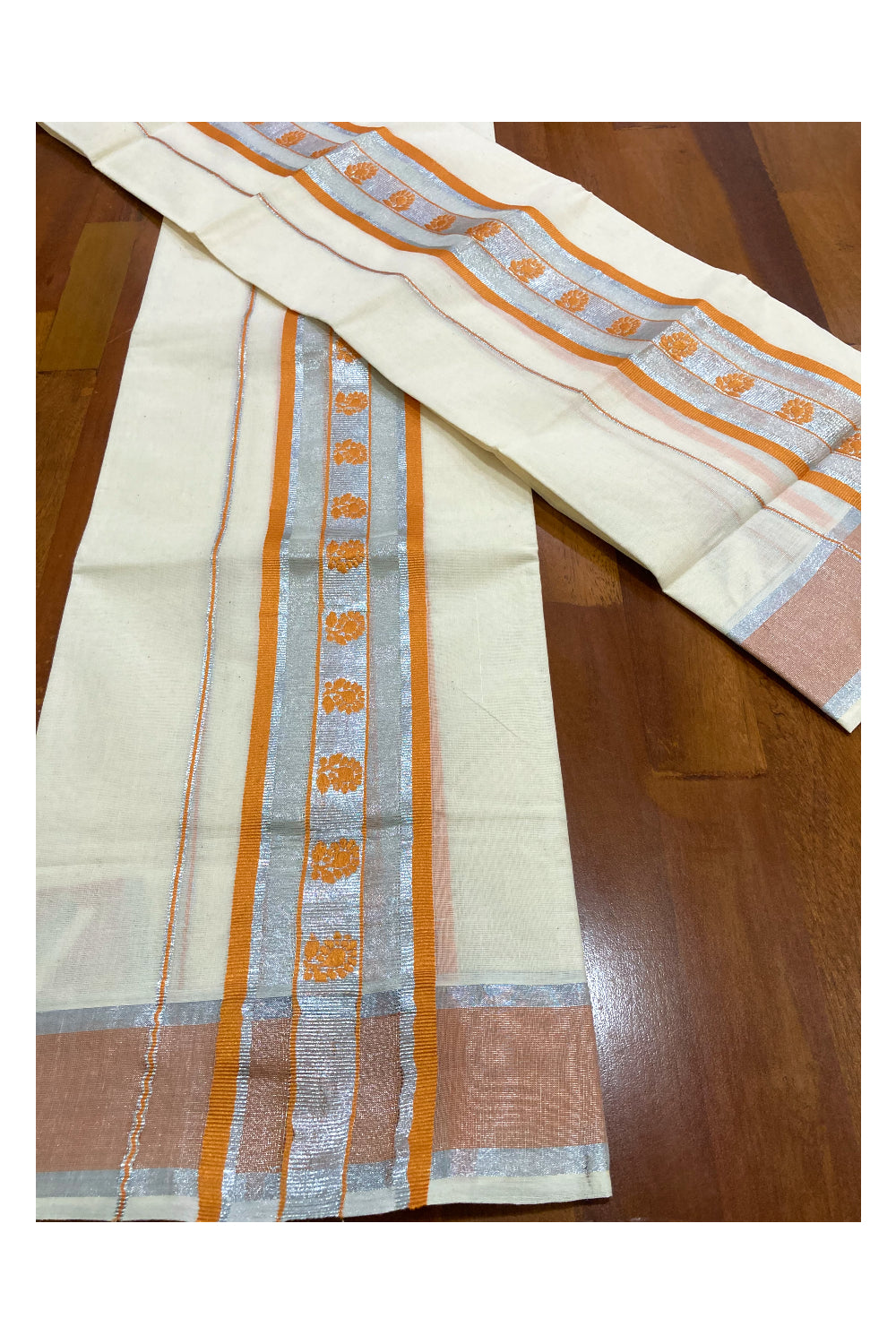 Cotton Silver Kasavu Set Mundu (Mundum Neriyathum) with Orange Woven Works on Border