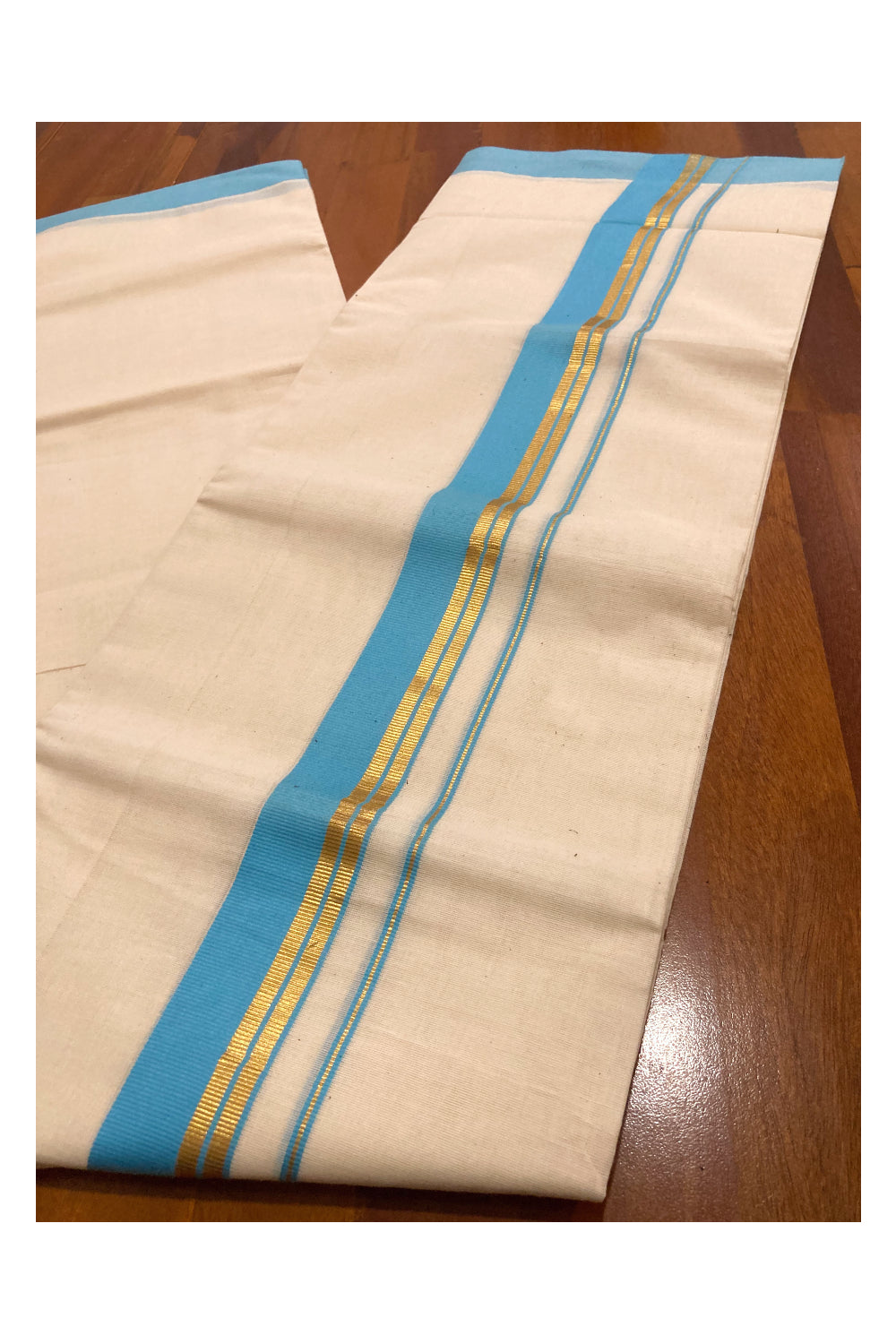 Off White Pure Cotton Double Mundu with Kasavu and Blue Border (South Indian Dhoti)