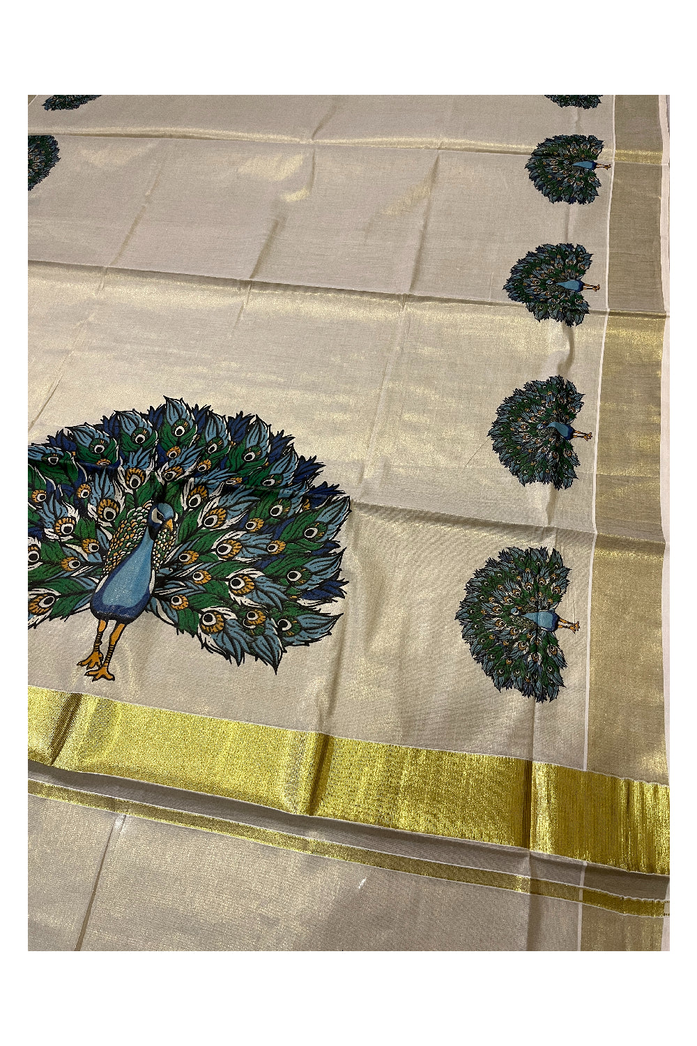 Kerala Tissue Kasavu Saree with Peacock Mural Printed Design