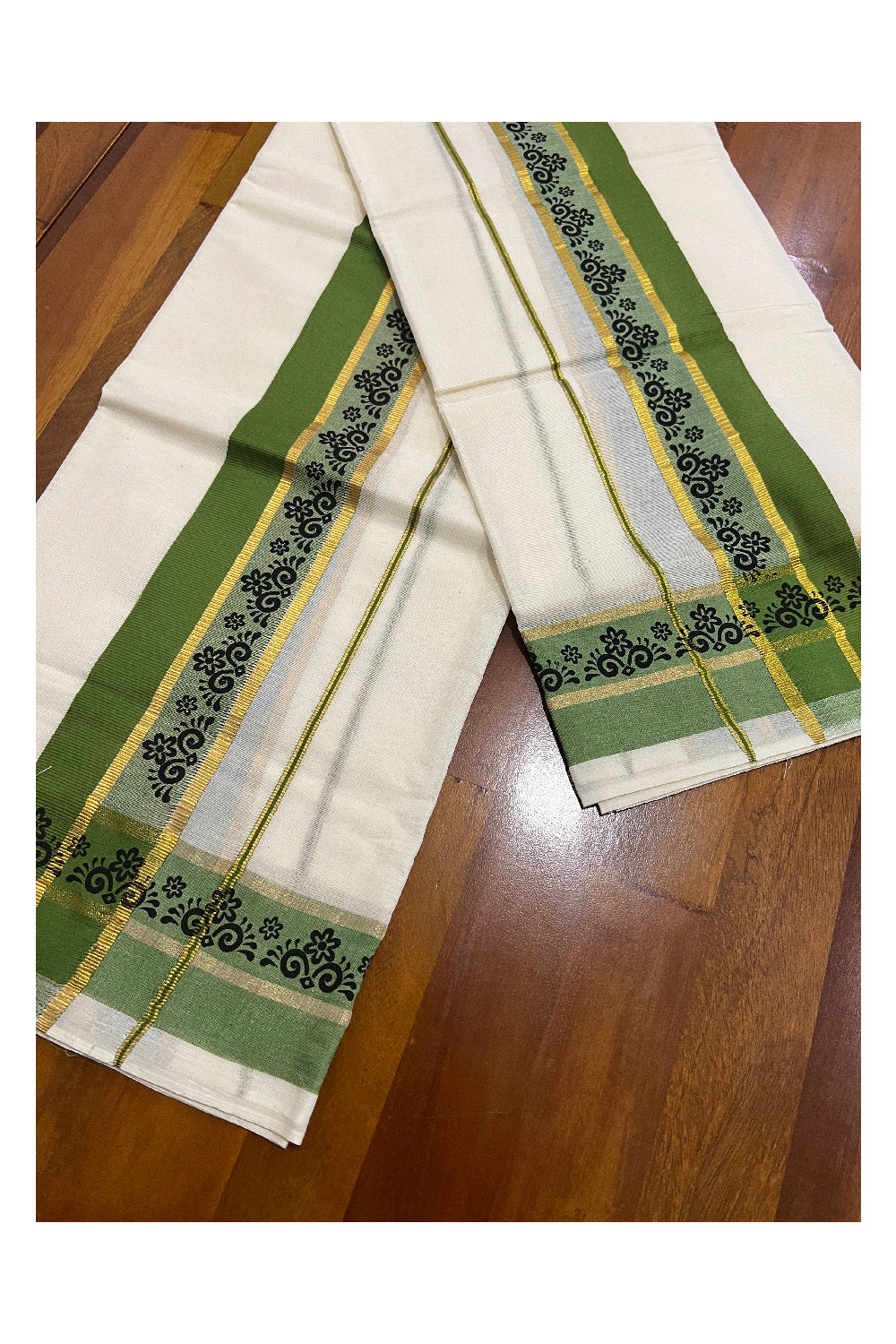 Kerala Cotton Kasavu Set Mundu (Mundum Neriyathum) with Black Floral Block Prints in Green Border