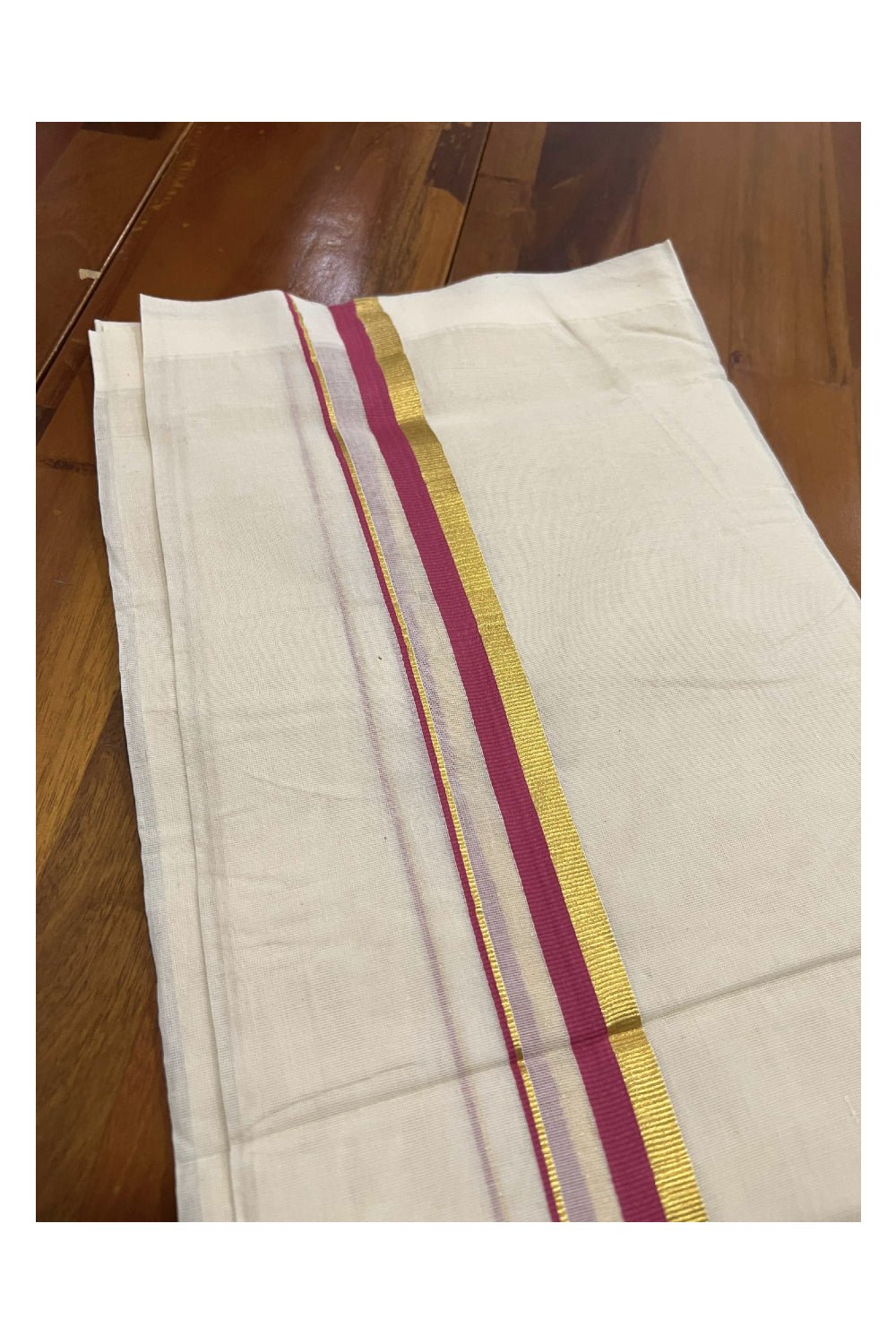 Off White Pure Cotton Double Mundu with Kasavu and Dark Pink Kara (South Indian Dhoti)