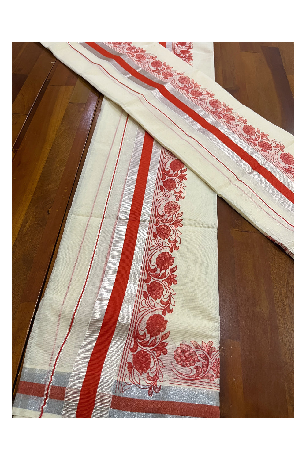 Pure Cotton Single Set Mundu (Mundum Neriyathum ) with Silver Kasavu and Orange Floral Block Prints 2.80 Mtrs