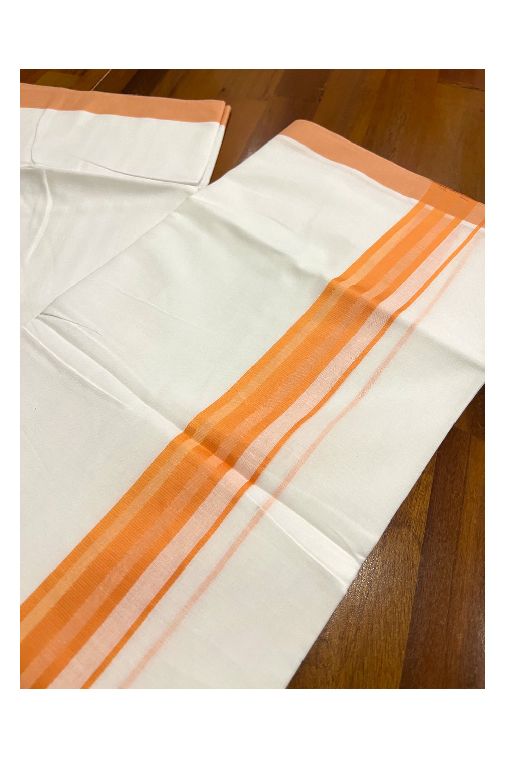 Pure White Cotton Double Mundu with Orange Line Border (South Indian Dhoti)