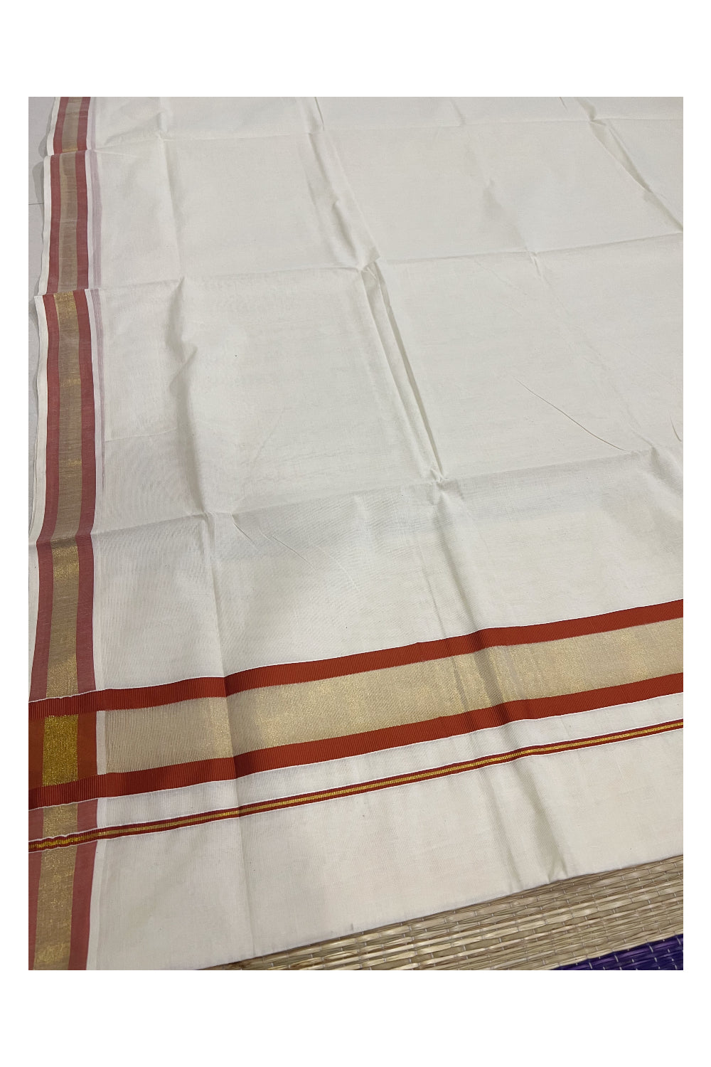 Pure Cotton Kerala Plain Saree with Kasavu and Orange Border