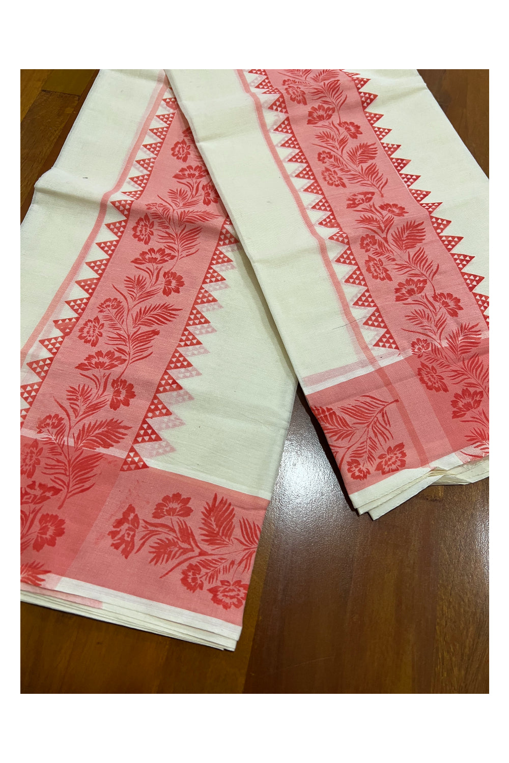 Kerala Cotton Set Mundu (Mundum Neriyathum) with Light Pink Floral Temple Block Prints on Border