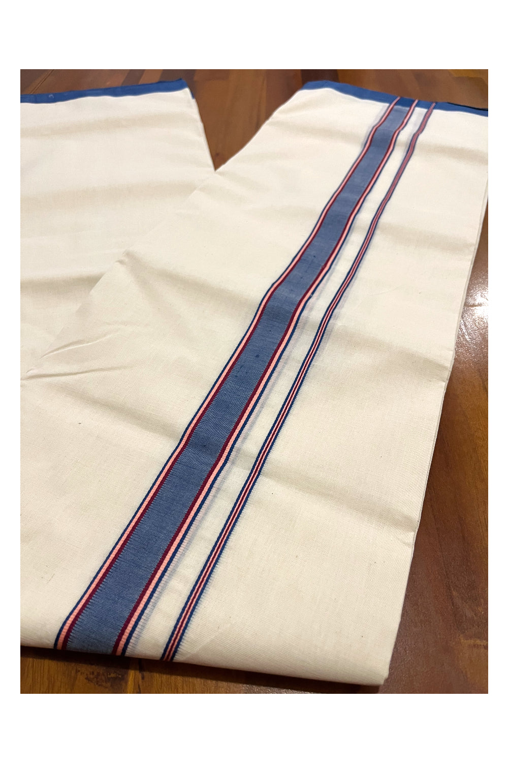 Southloom Premium Handloom Double Mundu with Blue and Maroon Border