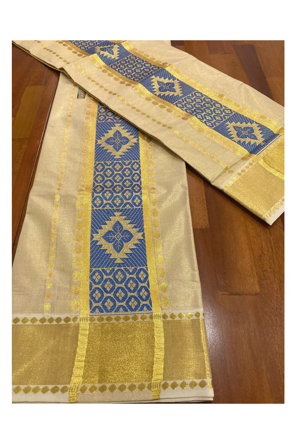 Kerala Tissue Kasavu Set Mundu (Mundum Neriyathum) with Blue Thread Work on Border 2.80 Mtrs