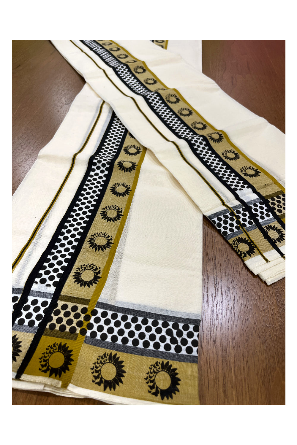 Kerala Cotton Single Set Mundu (Mundum Neriyathum) with Black Block Prints on Brown Border