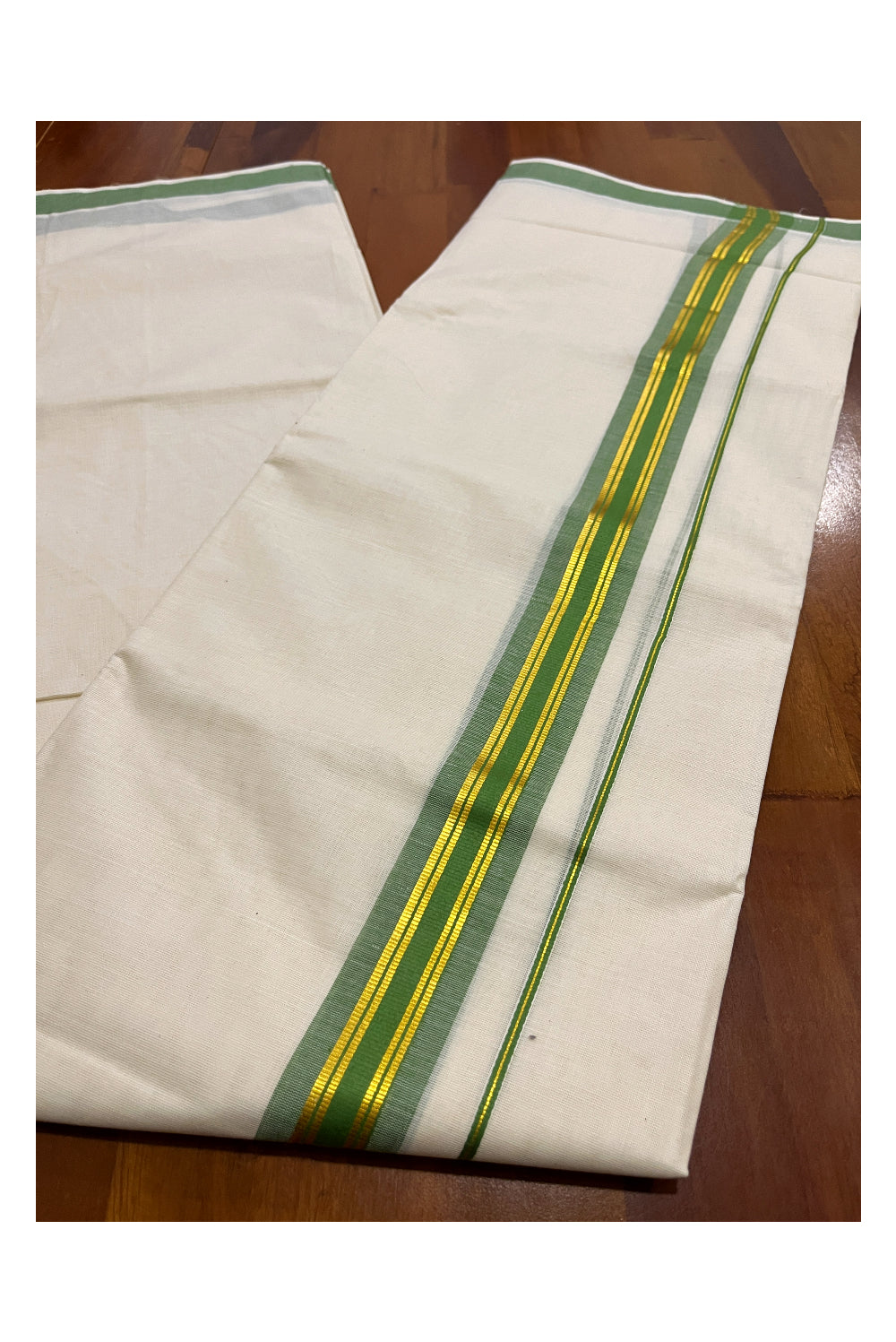 Pure Cotton Double Mundu with Kasavu Green Kara (South Indian Dhoti)