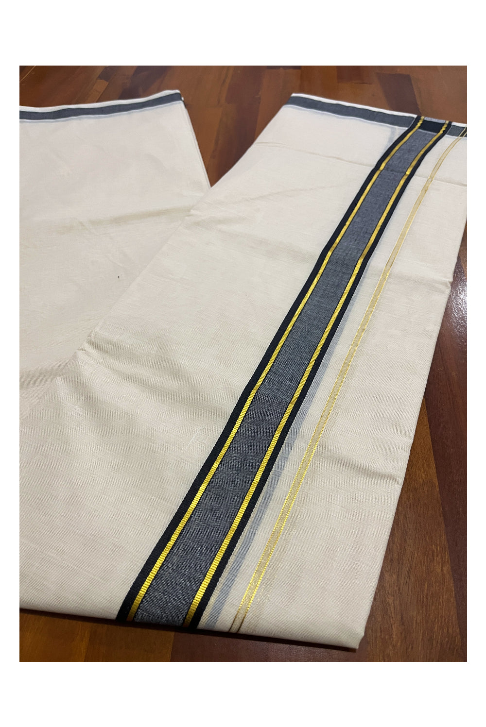 Pure Cotton Off White Double Mundu with Black and Kasavu Kara (South Indian Kerala Dhoti)