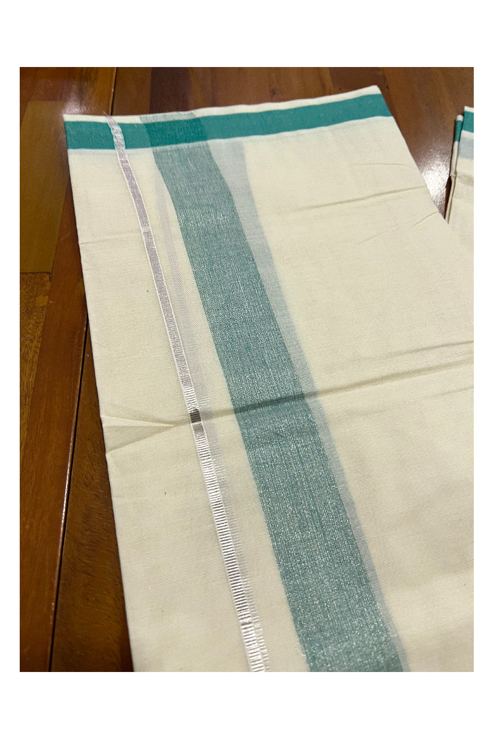 Pure Cotton Off White Double Mundu with Green and Silver Kasavu Border (South Indian Dhoti)