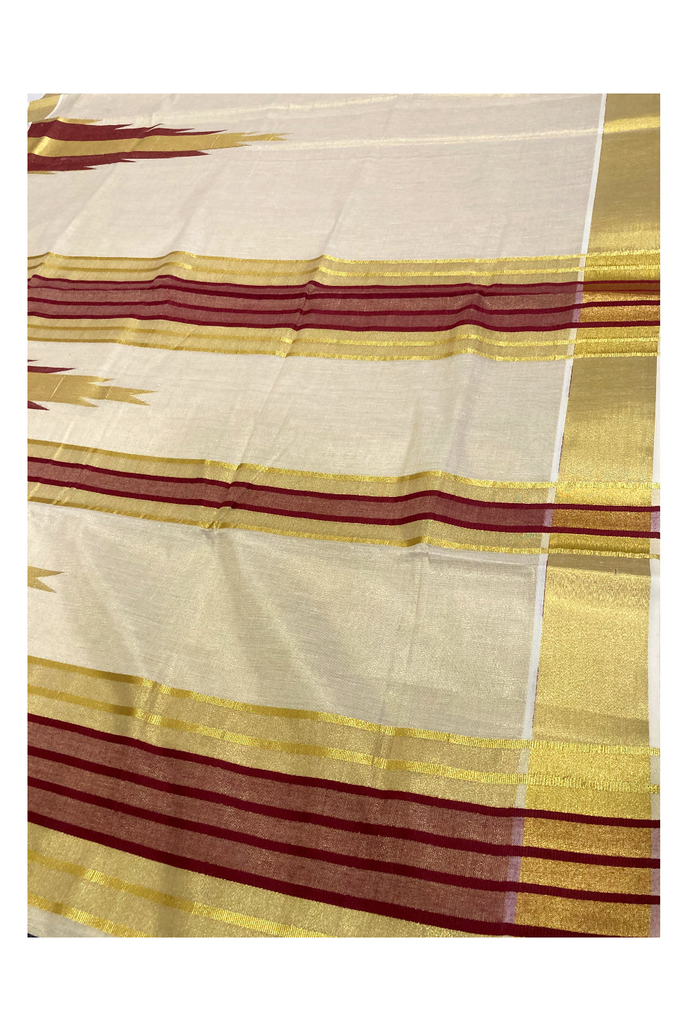 Kerala Tissue Kasavu Saree with Maroon Large Temples on Pallu and Bottom Border