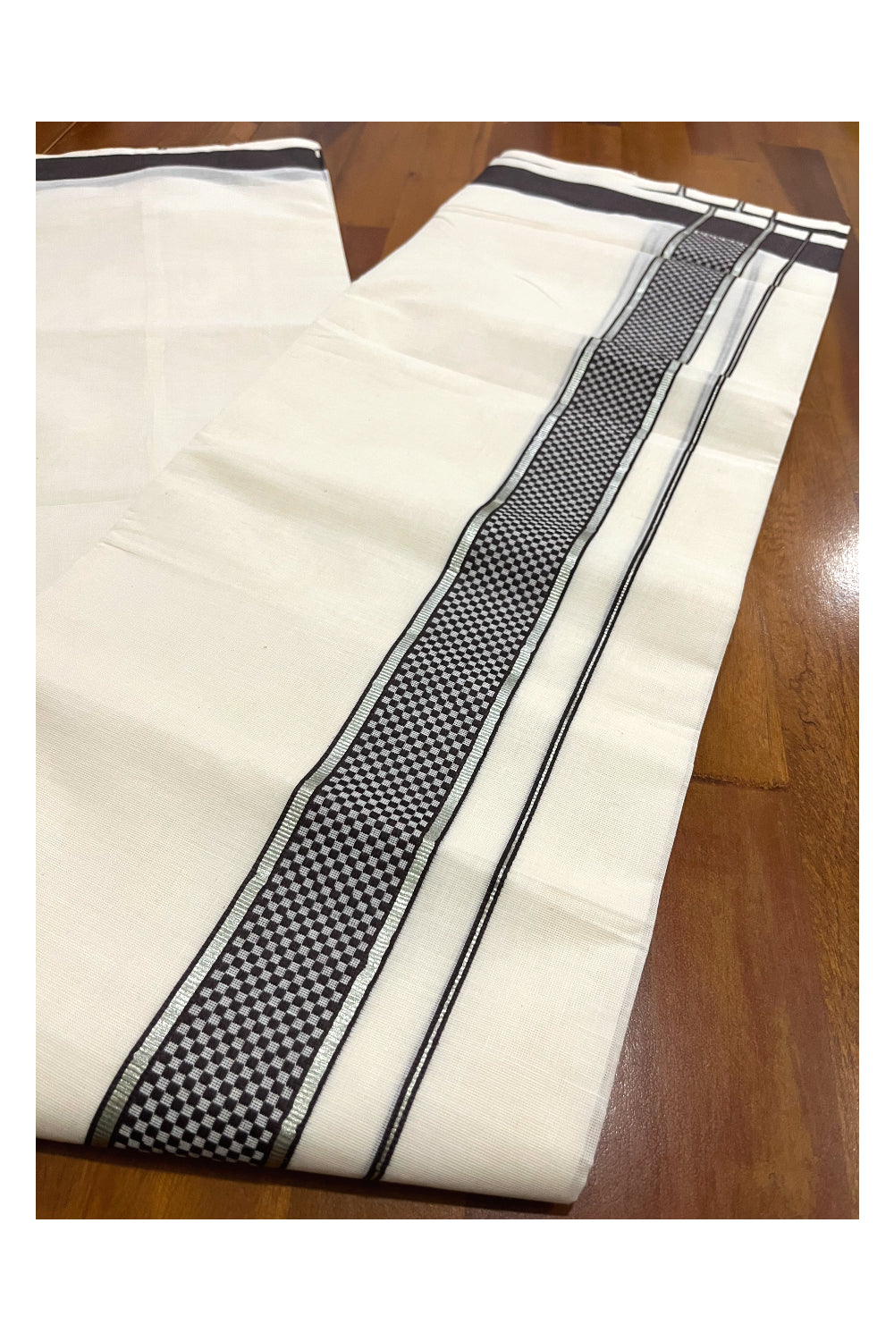 Pure Cotton Off White Double Mundu with Silver Kasavu and Dark Brown Woven Border (South Indian Dhoti)