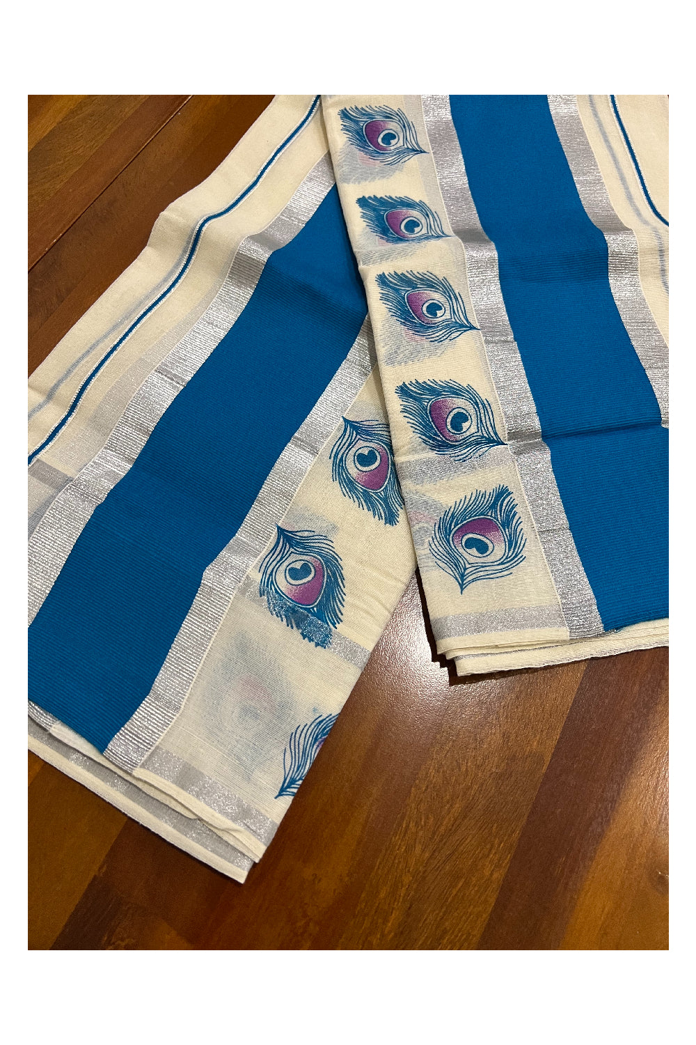 Kerala Cotton Silver Kasavu Set Mundu (Mundum Neriyathum) with Light Blue Peacock Feather Block Print Border