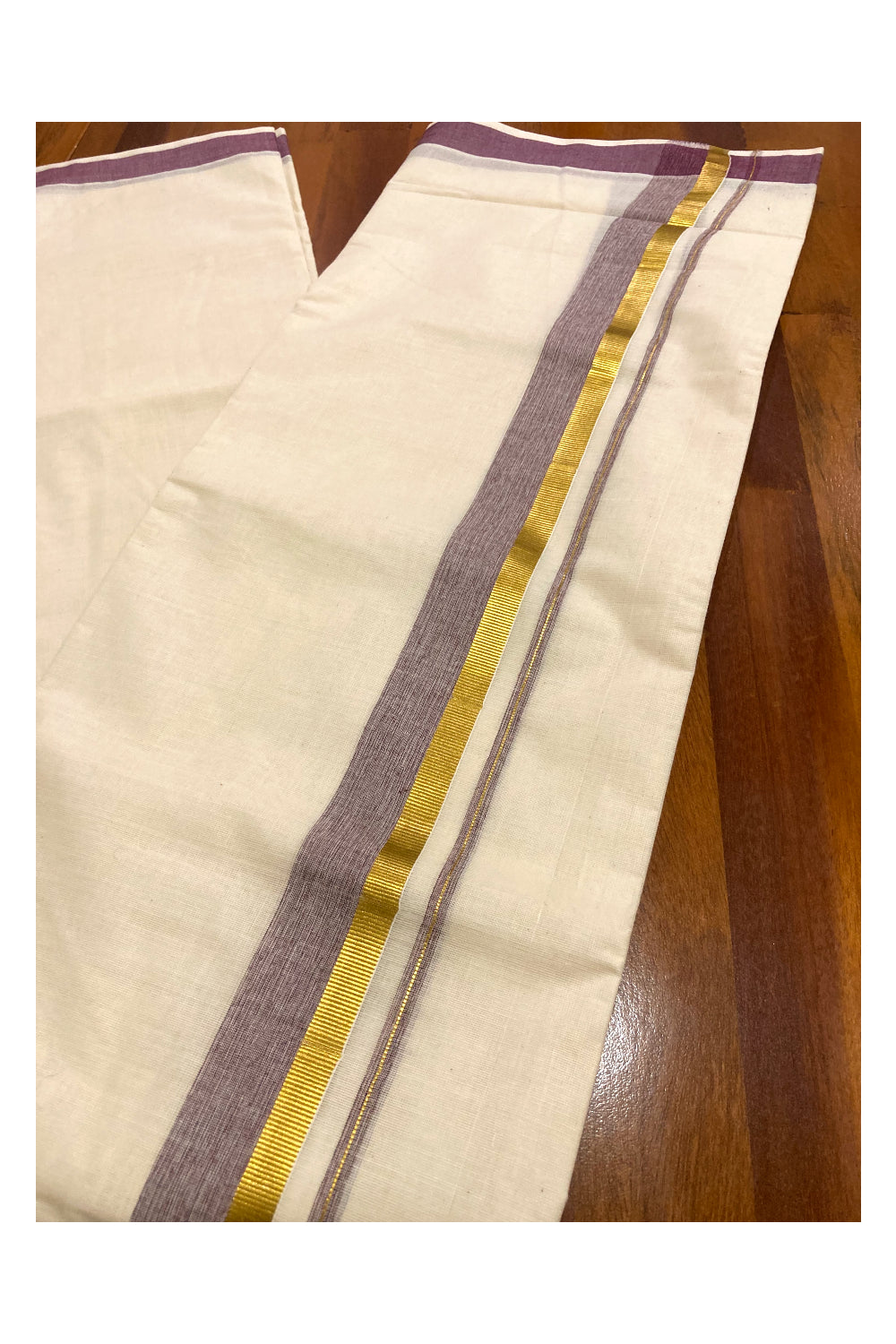 Pure Cotton Off White Double Mundu with Purple and Kasavu Border (South Indian Dhoti)