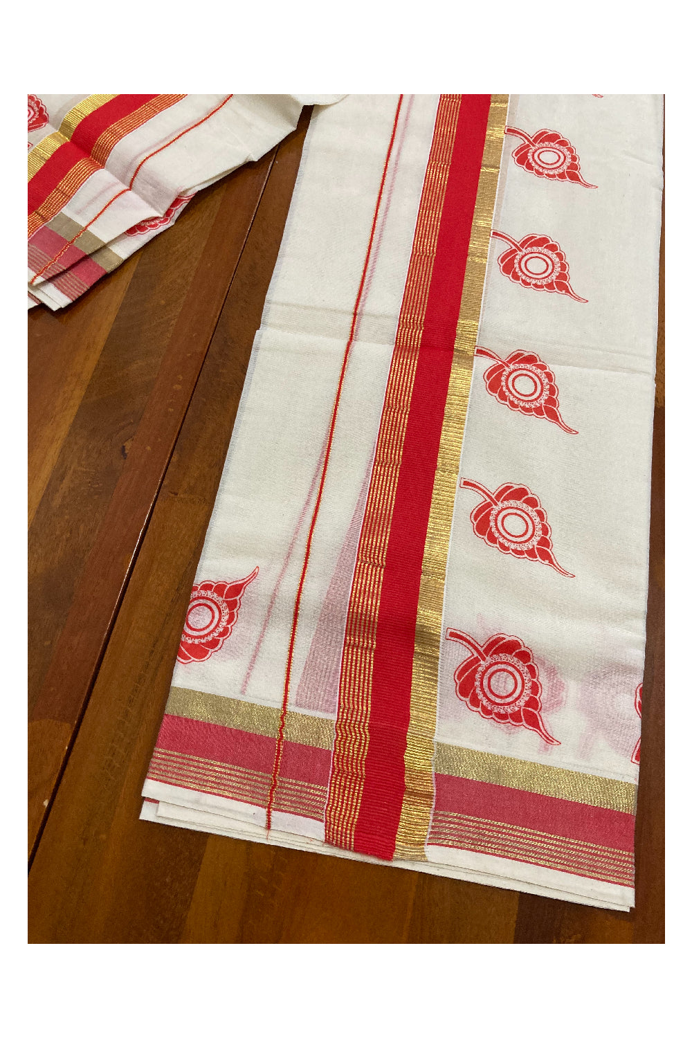 Pure Cotton Kasavu Set Mundu (Mundum Neriyathum) with Orangish Red Leaf Block Prints on Border