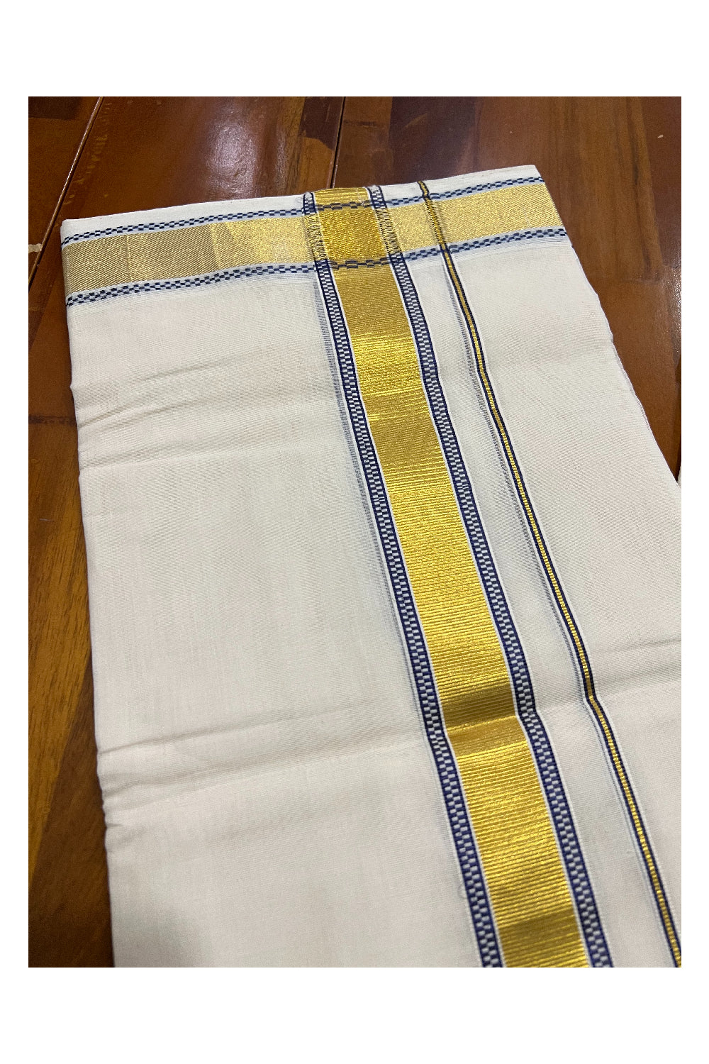 Southloom Balaramapuram Handloom Pure Cotton Mundu with Kasavu and Violet Design Border (South Indian Dhoti)