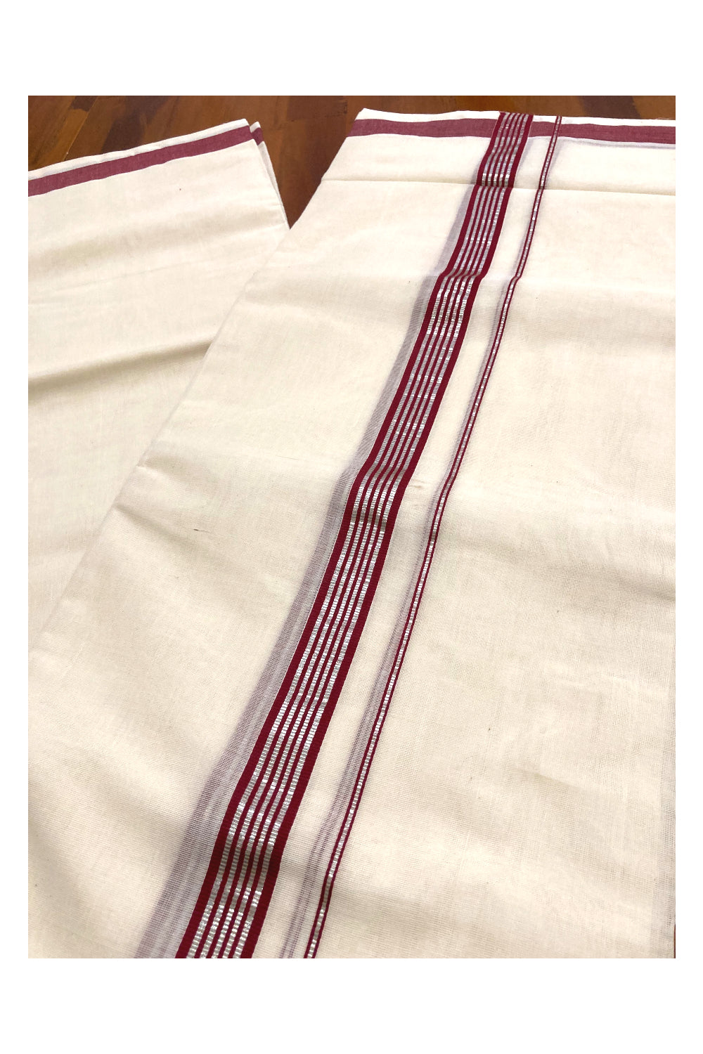 Southloom Premium Handloom Pure Cotton Mundu with Maroon and Silver Kasavu Border (South Indian Kerala Dhoti)