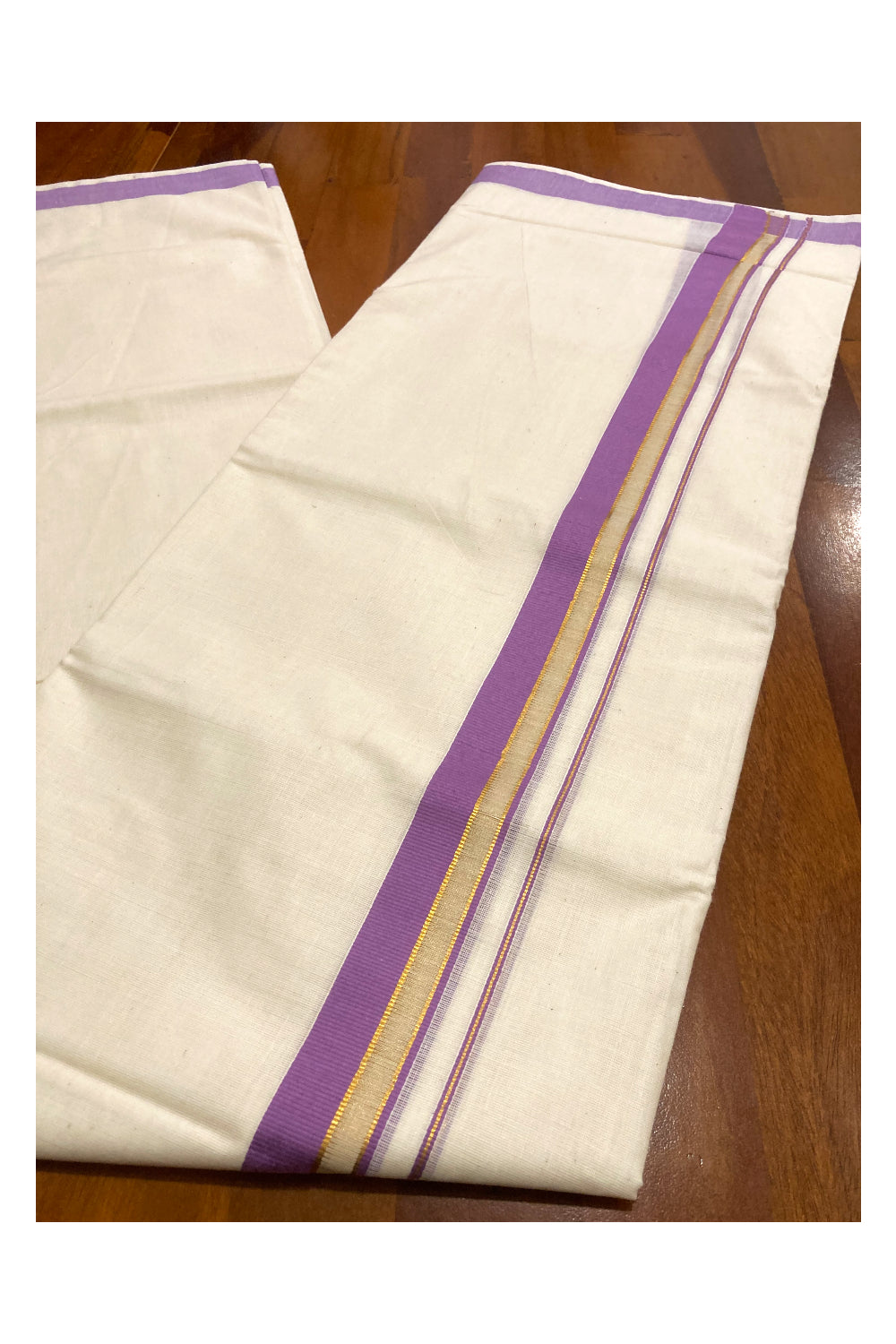 Pure Cotton Double Mundu with Violet and Kasavu Border (South Indian Dhoti)