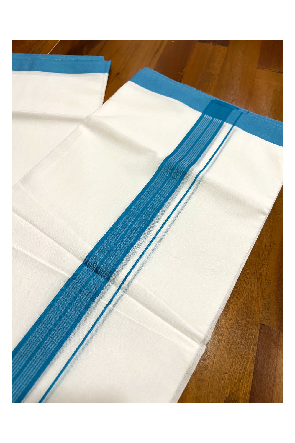 Pure White Cotton Double Mundu with Light Blue Border (South Indian Dhoti)