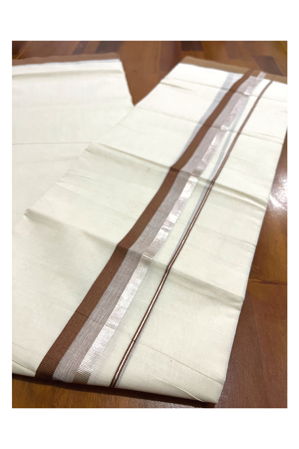 Pure Cotton Off White Double Mundu with Silver Kasavu and Brown Border (South Indian Dhoti)