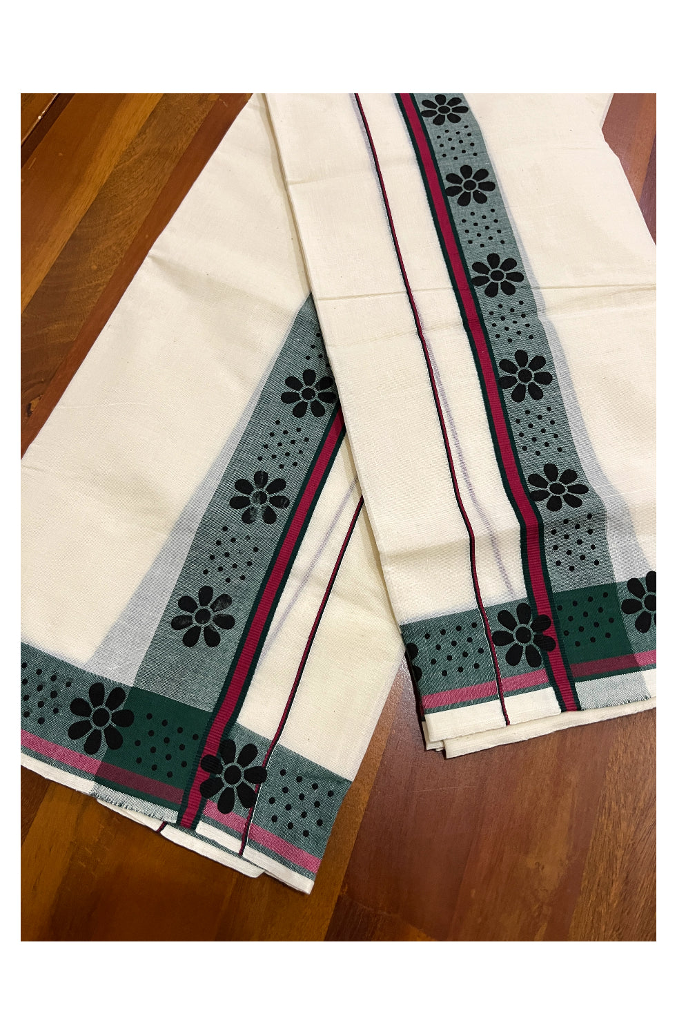 Kerala Cotton Set Mundu (Mundum Neriyathum) with Black Block Prints on Maroon Green Border 2.80 Mtrs