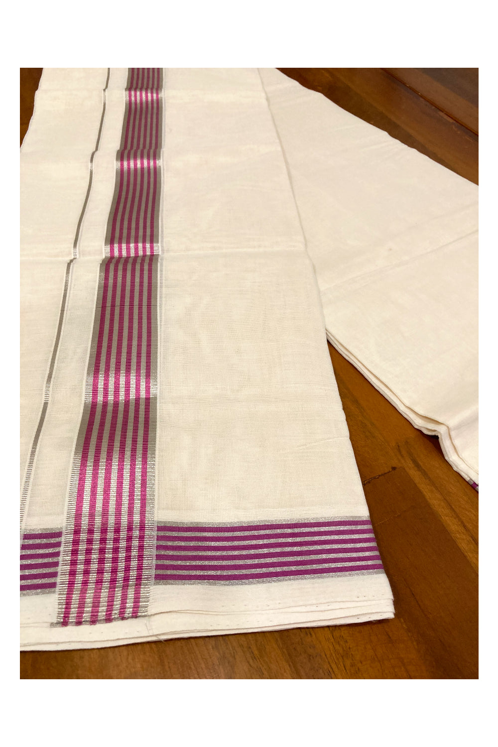 Southloom Premium Handloom Cotton Off White Mundu with Magenta and Silver Kasavu Border (South Indian Dhoti)