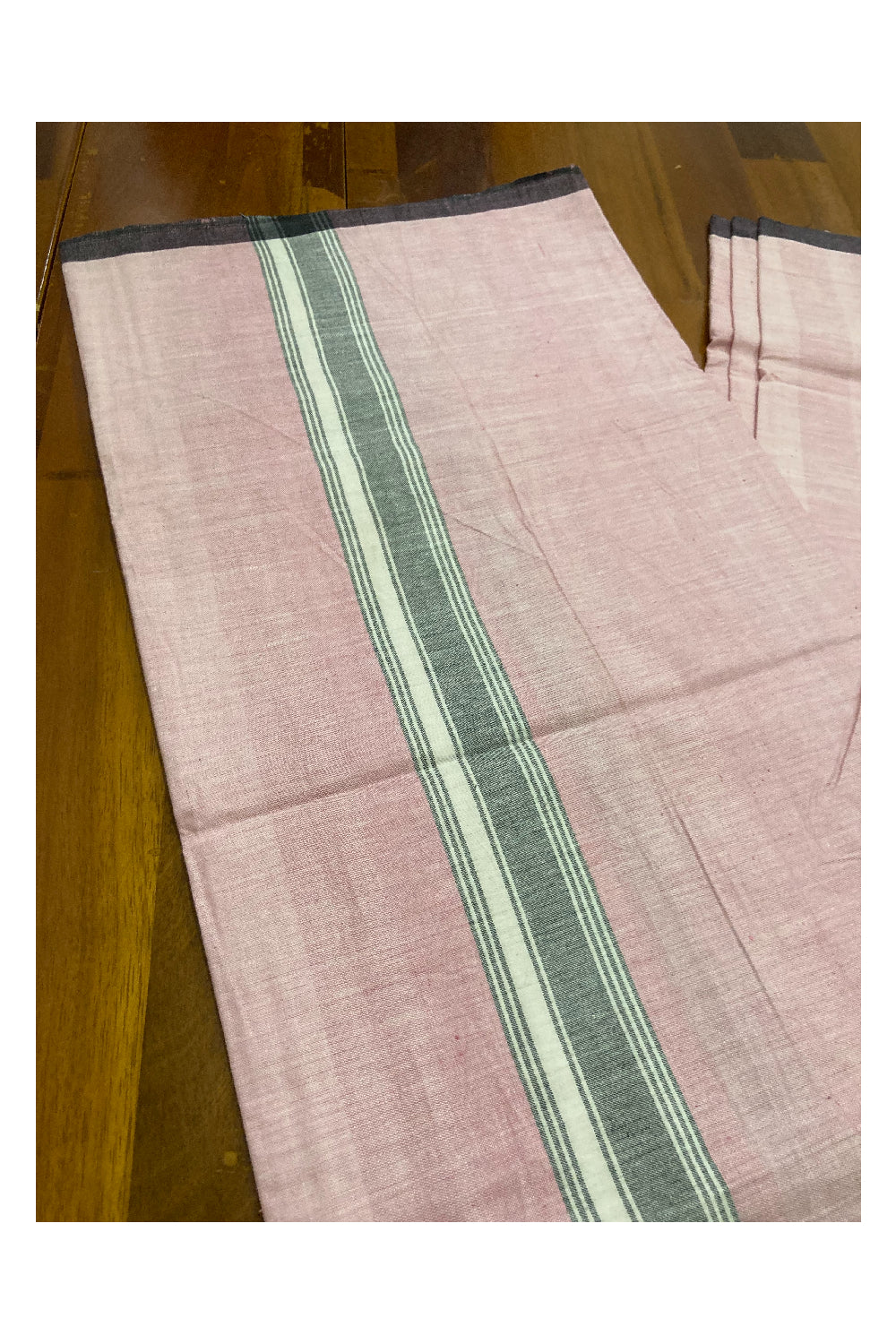 Southloom Premium Handloom Pink Solid Single Mundu (Lungi) with Black White Lines Border