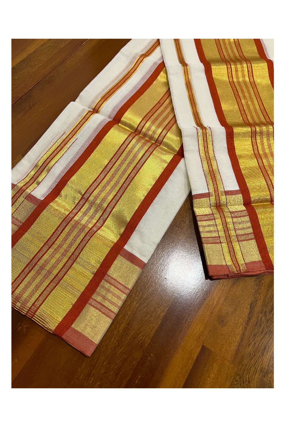 Southloom Premium Handloom Set Mundu with Kasavu and Dark Orange Stripes Border 2.80 Mtrs