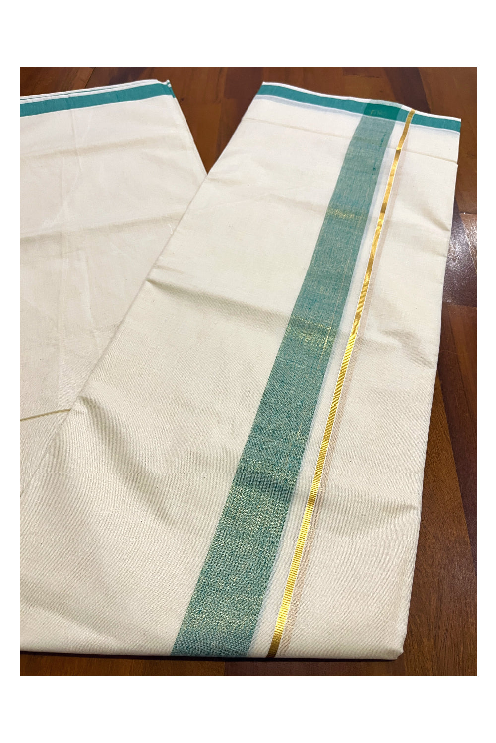 Pure Cotton Double Mundu with Kasavu Green Kara (South Indian Kerala Dhoti)