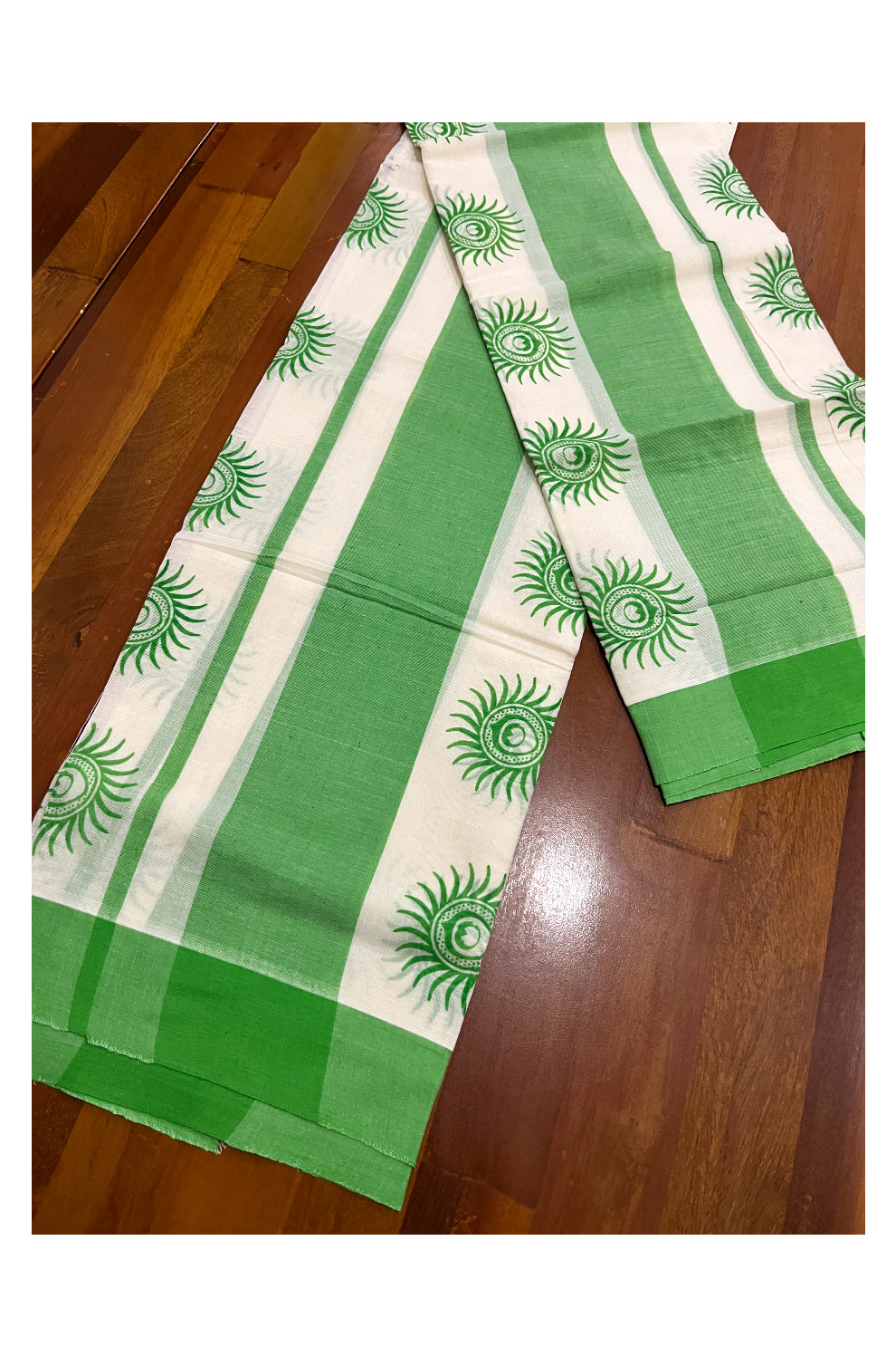 Pure Cotton Single Set Mundu (Mundum Neriyathum Onam 2023) with Green Block Prints and Border