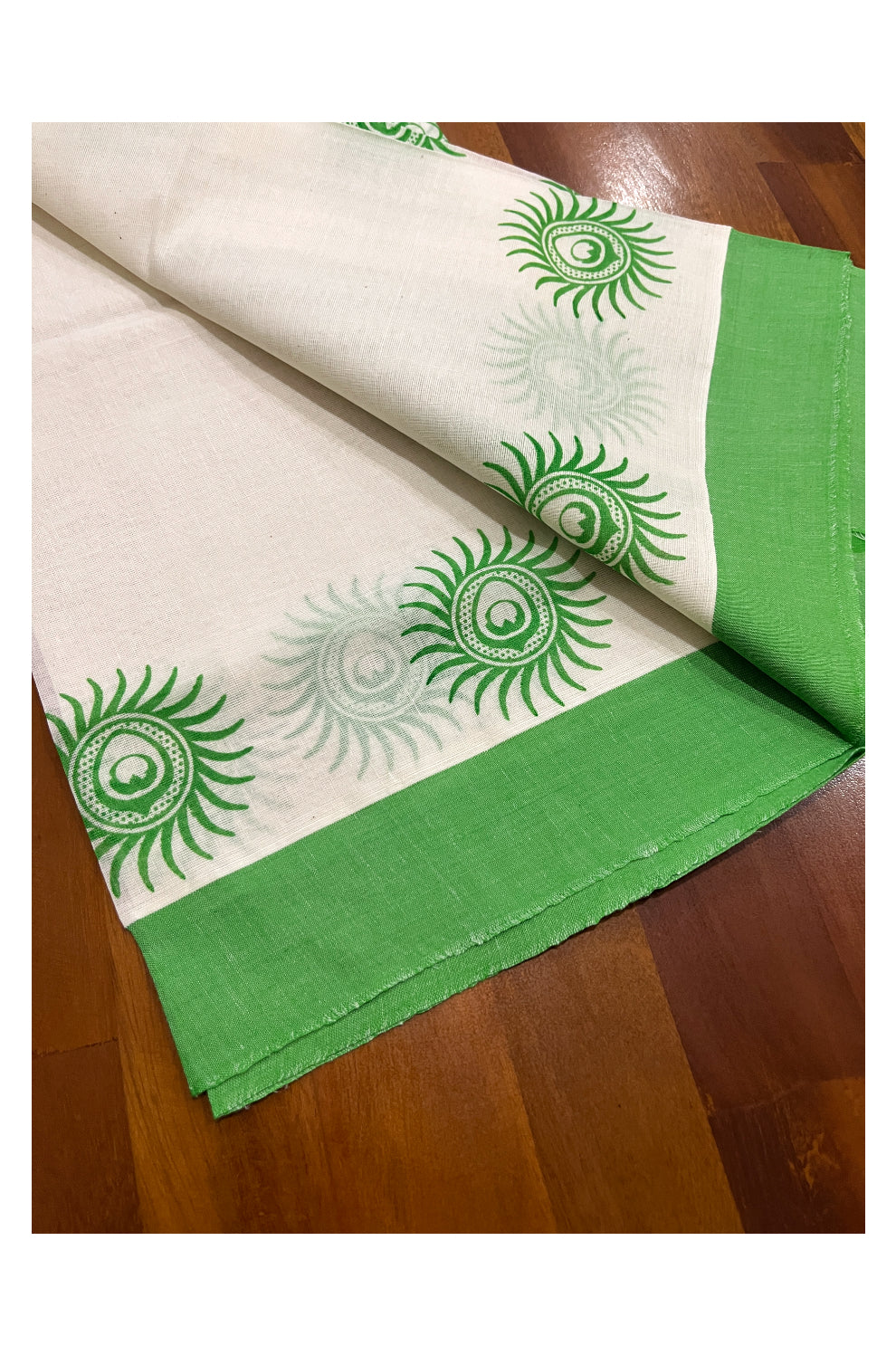 Pure Cotton Single Set Mundu (Mundum Neriyathum Onam 2023) with Green Block Prints and Border