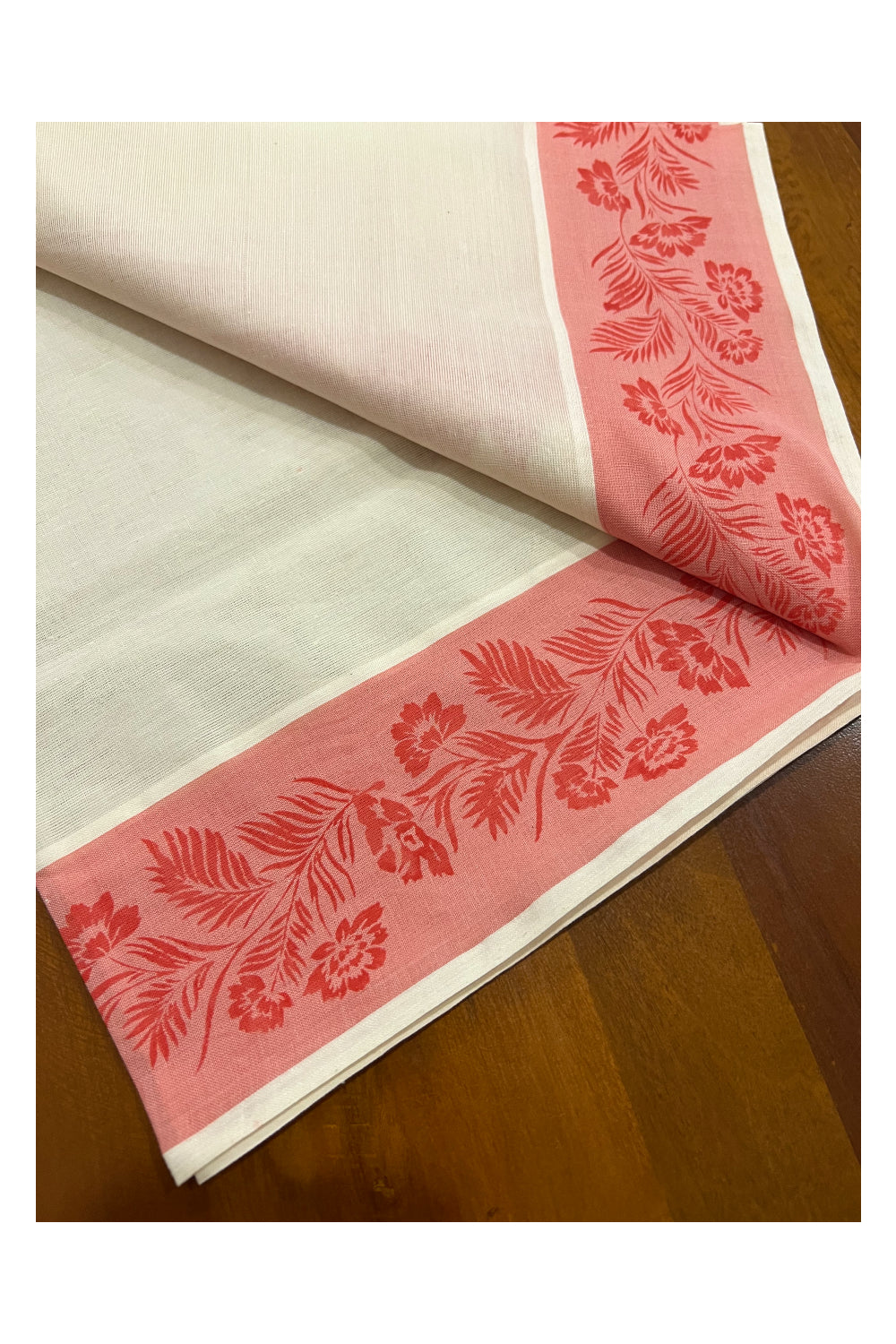 Kerala Cotton Set Mundu (Mundum Neriyathum) with Light Pink Floral Temple Block Prints on Border