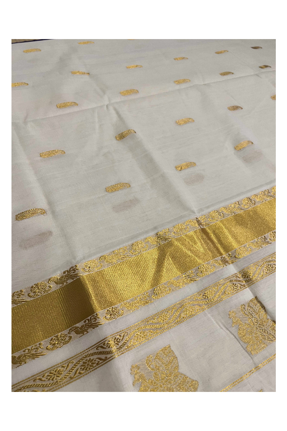 Southloom™ Original Handloom Cotton Kasavu Heavy Work Saree with Peacock Woven Design