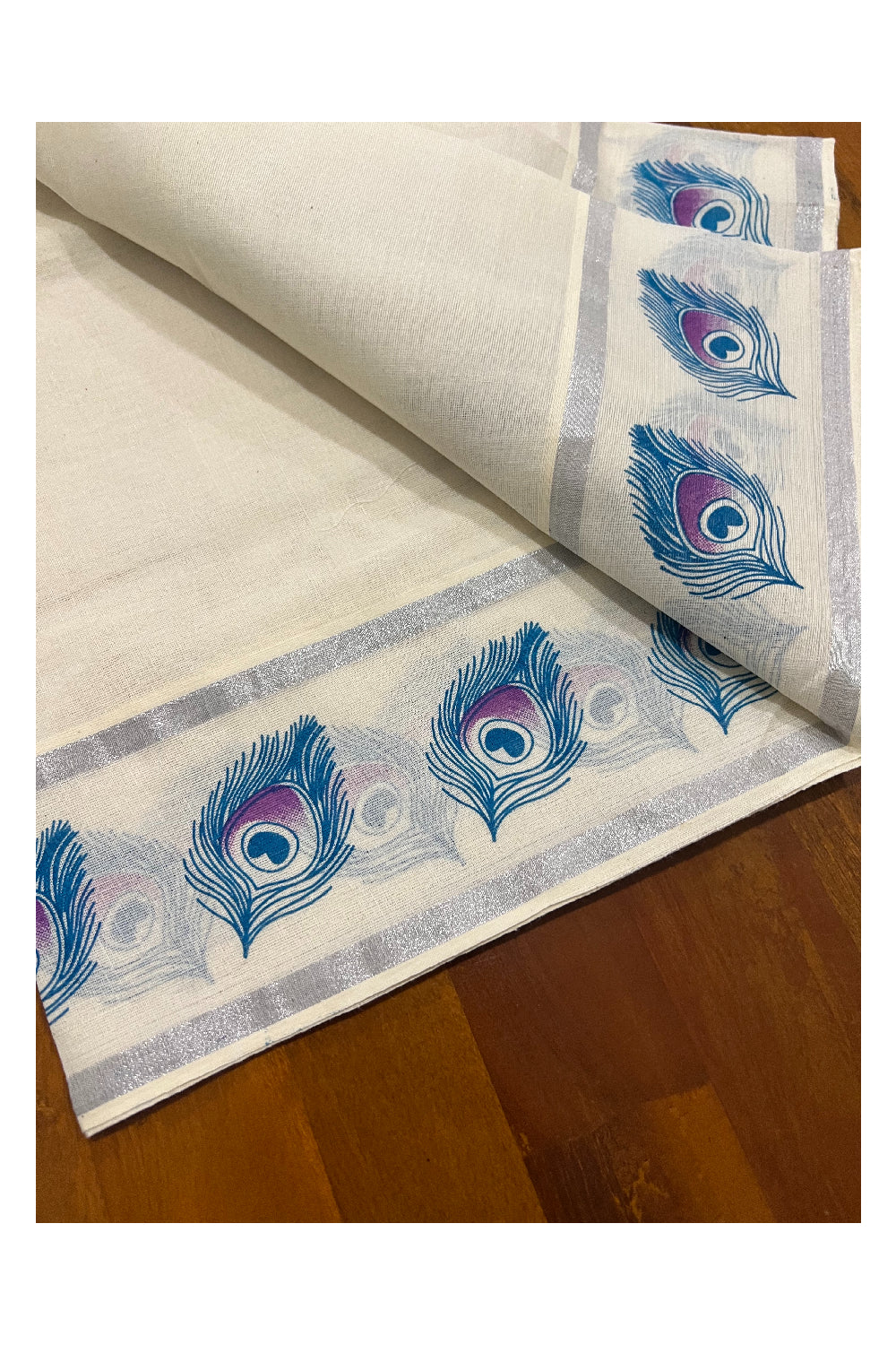 Kerala Cotton Silver Kasavu Set Mundu (Mundum Neriyathum) with Light Blue Peacock Feather Block Print Border