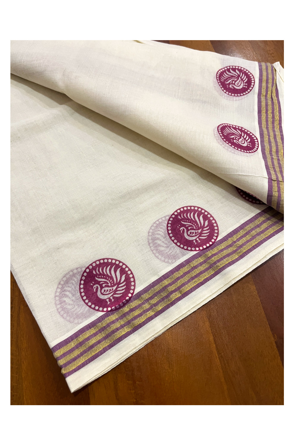 Kerala Cotton Kasavu Set Mundu (Mundum Neriyathum) with Magenta Block Prints on Border