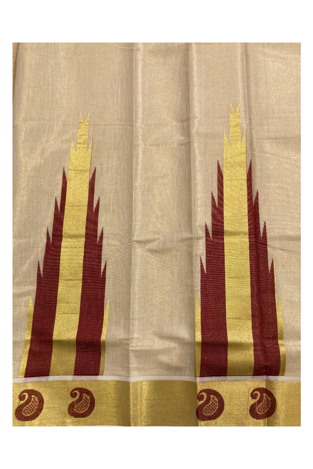 Kerala Tissue Kasavu Saree with Maroon Large Temples on Pallu and Bottom Border