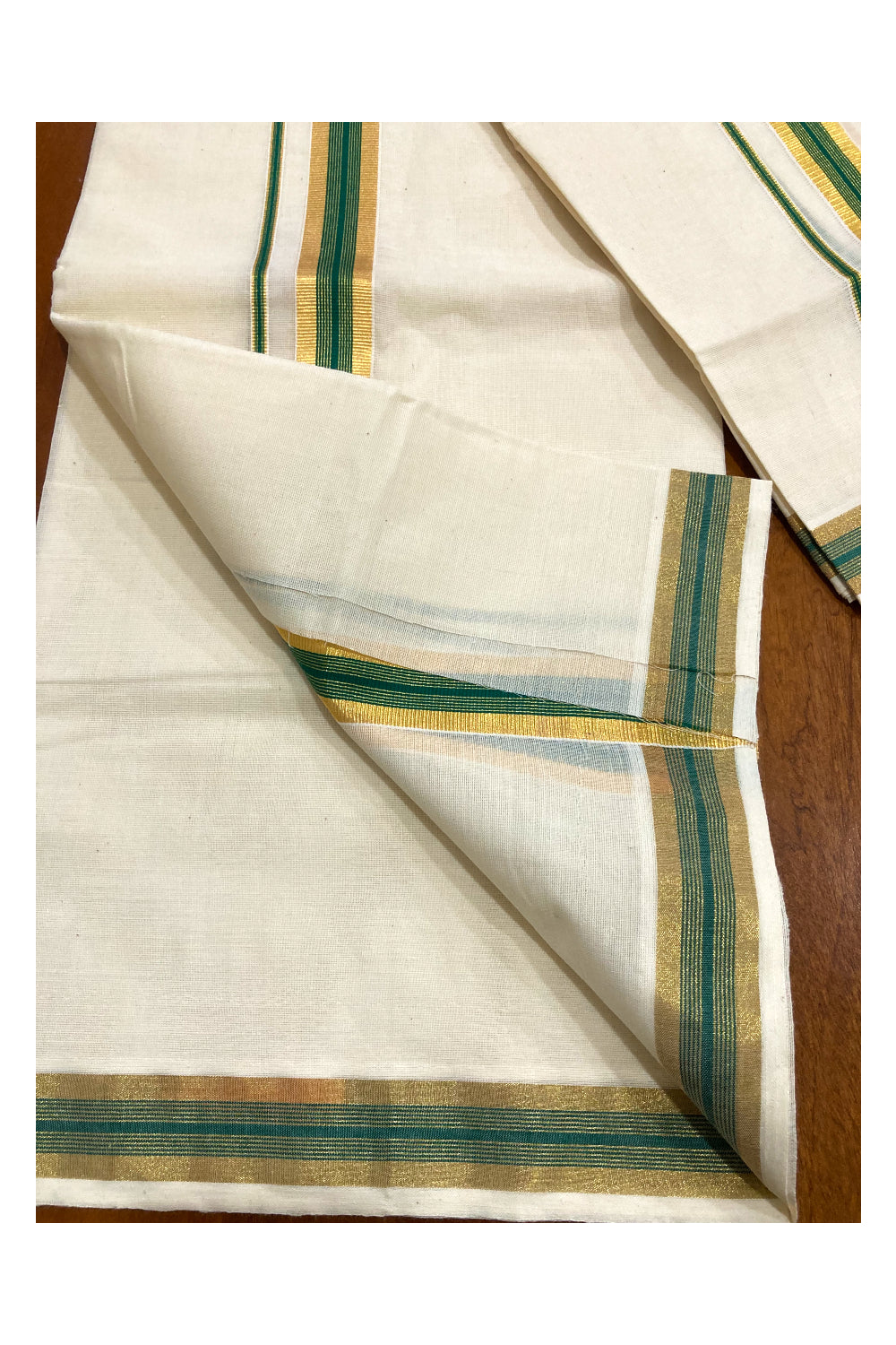 Pure Cotton Kerala Single Set Mundu (Mundum Neriyathum) with Green and 1 inch Kasavu Border 2.80 Mtrs