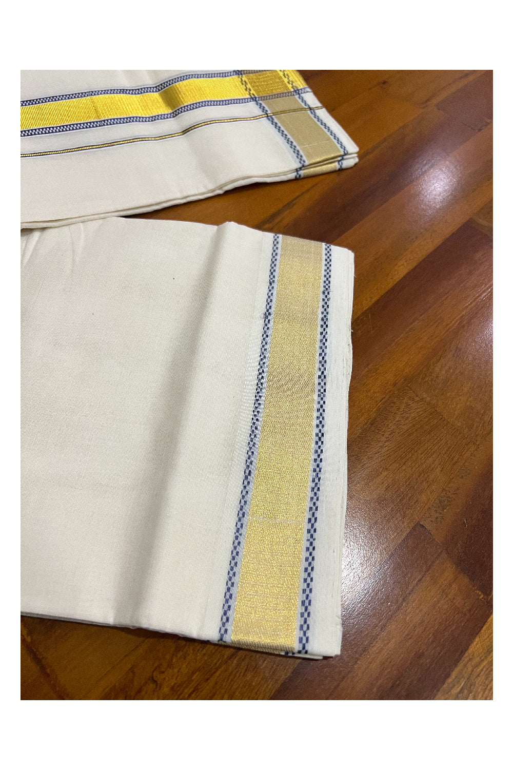 Southloom Balaramapuram Handloom Pure Cotton Mundu with Kasavu and Violet Design Border (South Indian Dhoti)