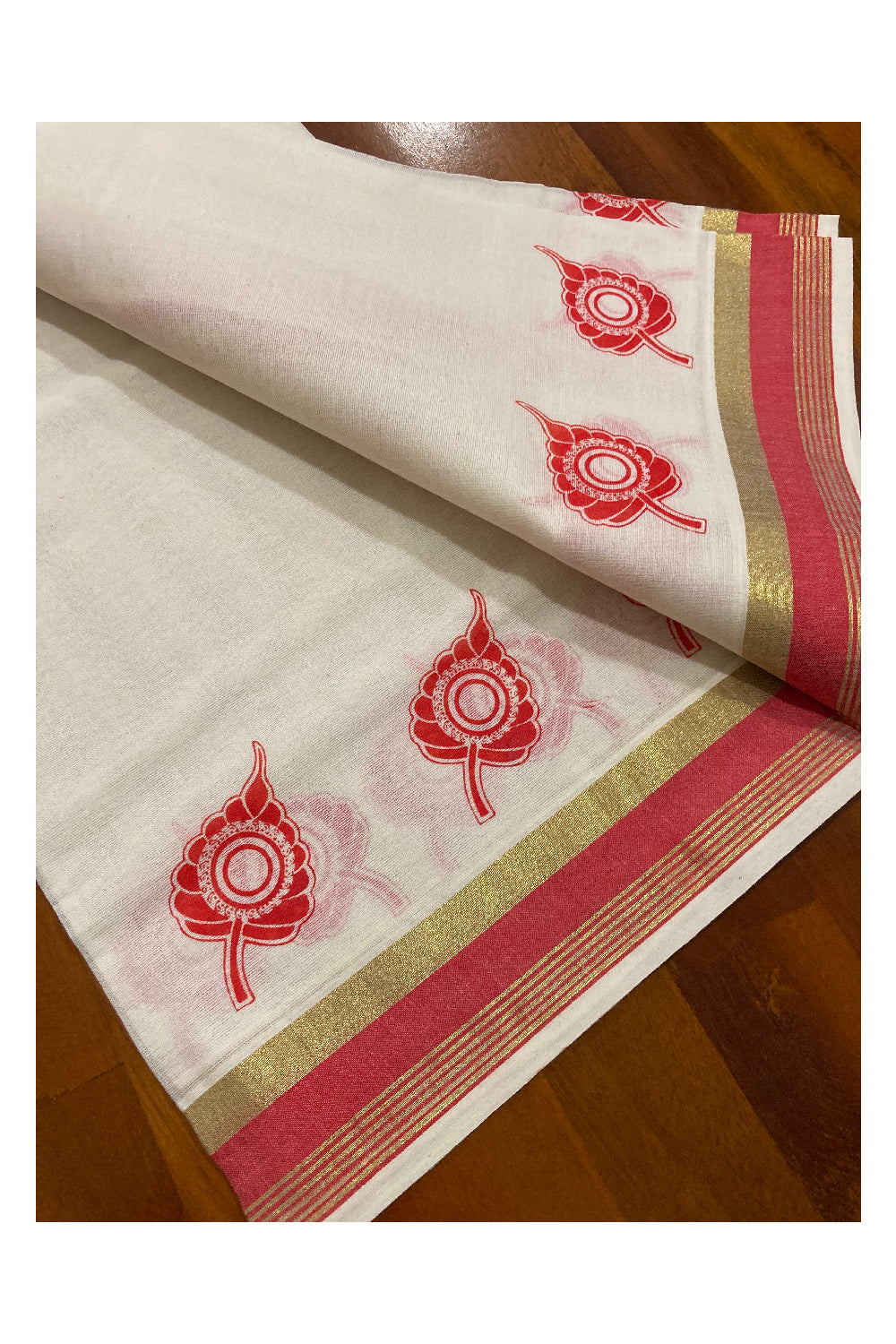 Pure Cotton Kasavu Set Mundu (Mundum Neriyathum) with Orangish Red Leaf Block Prints on Border