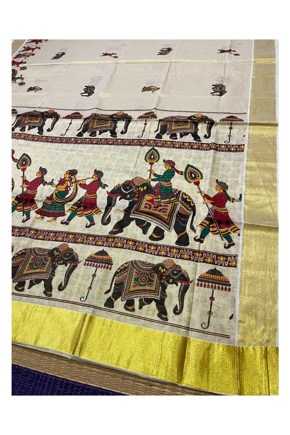 Kerala Tissue Kasavu Saree With Mural Festival Parasol and Elephant Design