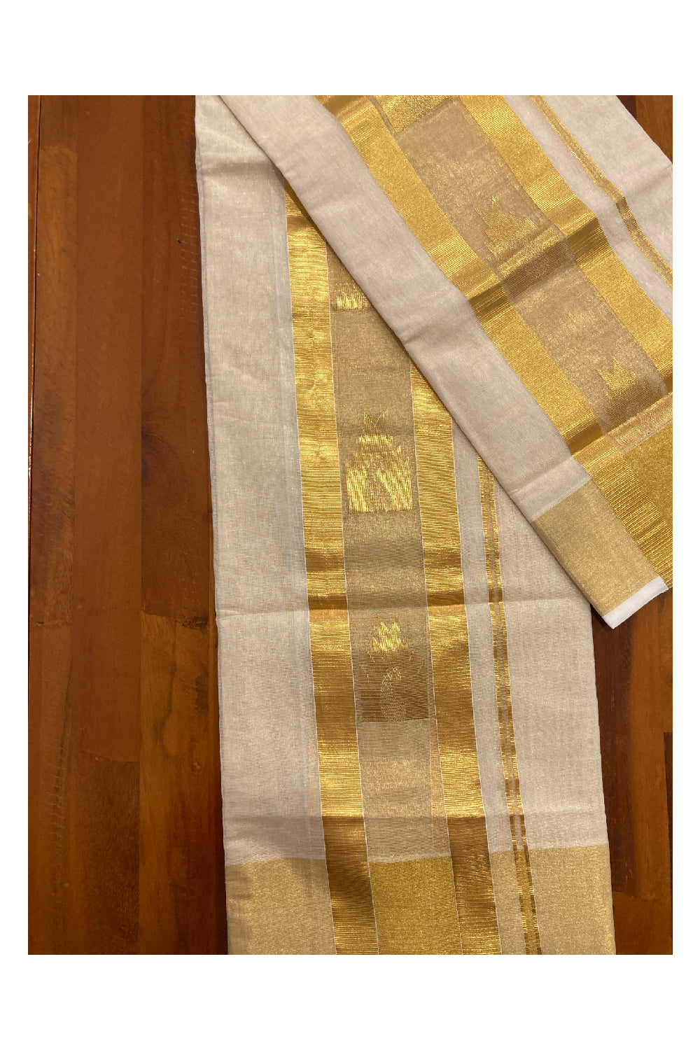 Southloom Handloom Tissue Kasavu Premium Set Mundu with Butta Work Across Kara (2.80 m)