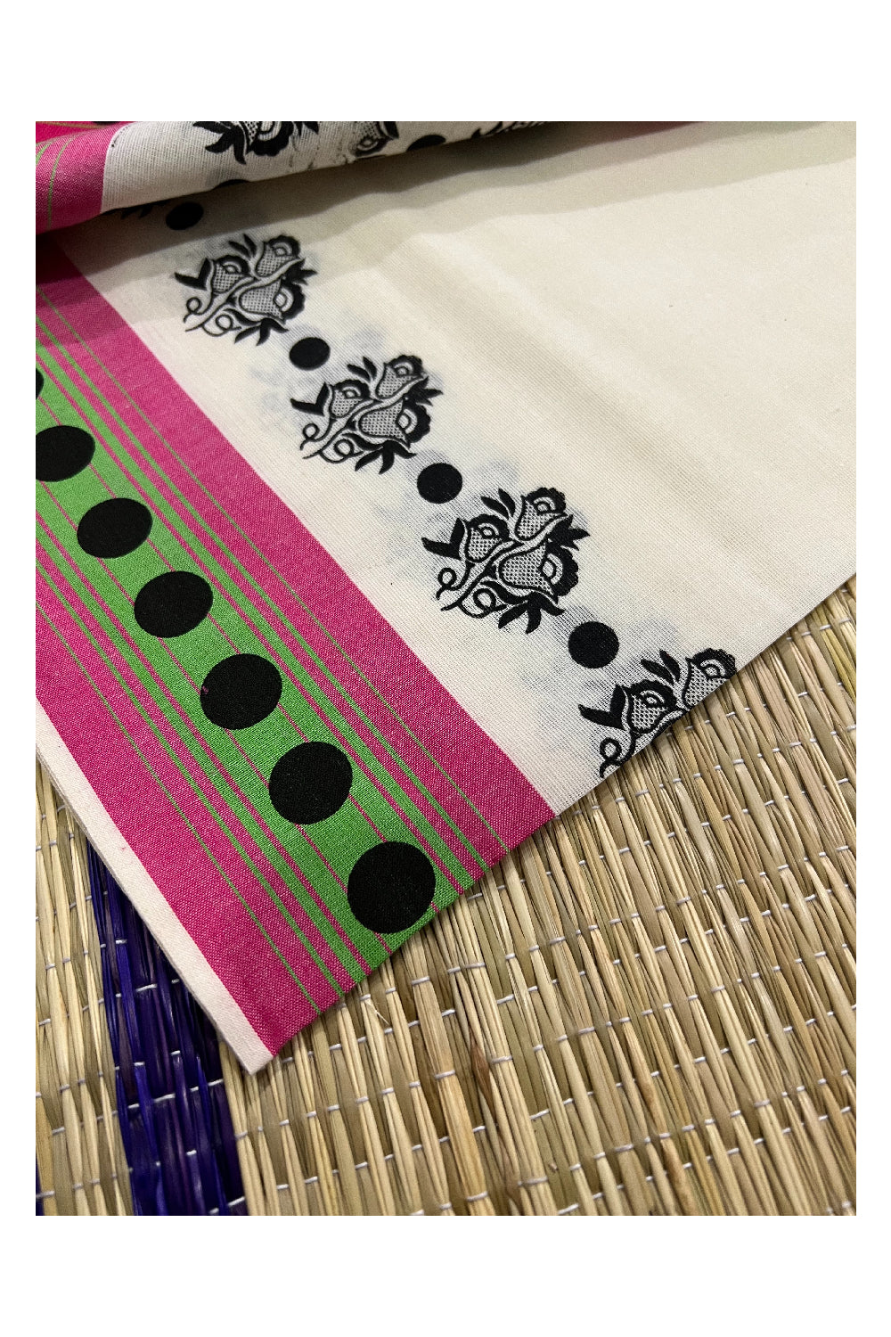 Kerala Cotton Set Mundu (Mundum Neriyathum) with Black Floral Block Prints on Dark Pink Green Border