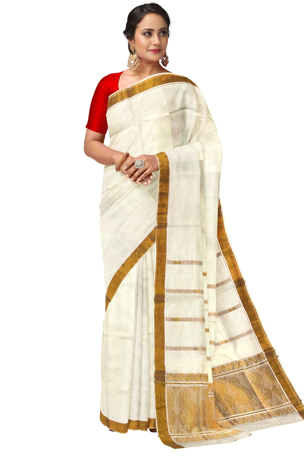 Pure Cotton Kerala Kasavu Heavy Work Saree with Peacock Design