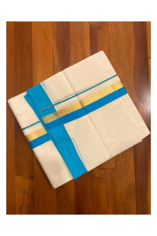 Off White Pure Cotton Double Mundu with Kasavu and Blue Border (South Indian Dhoti)