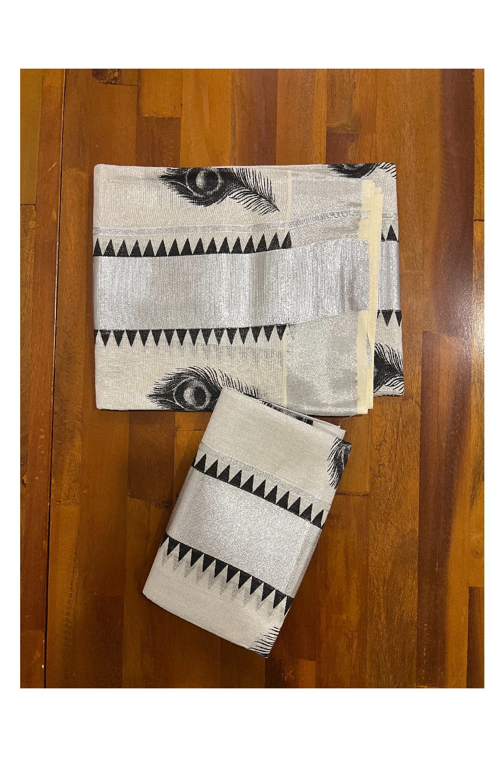 Kerala Silver Tissue Kasavu Set Mundu (Mundum Neriyathum) with Black Feather and Temple Block Prints on Border