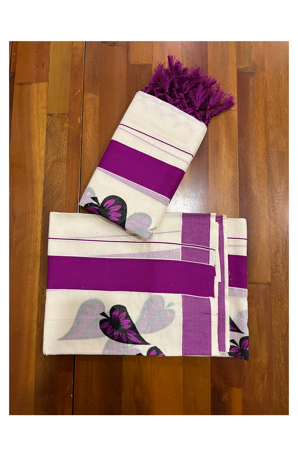 Kerala Cotton Set Mundu (Mundum Neriyathum) with Leaf Block Prints on Dark Magenta Border and Tassels Works