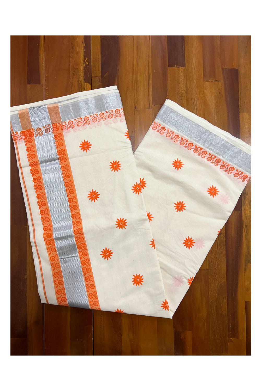 Pure Cotton Kerala Saree with Orange Block Printed Floral Design and Silver Kasavu Border