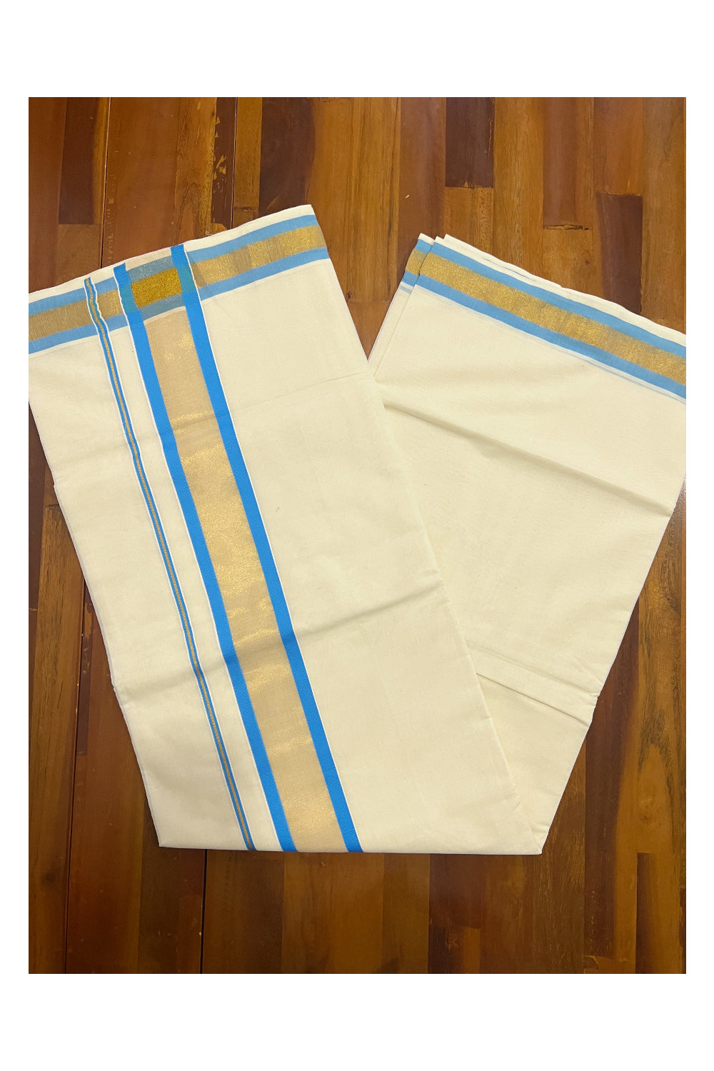 Pure Cotton Kerala Plain Saree with Kasavu and Light Blue Border