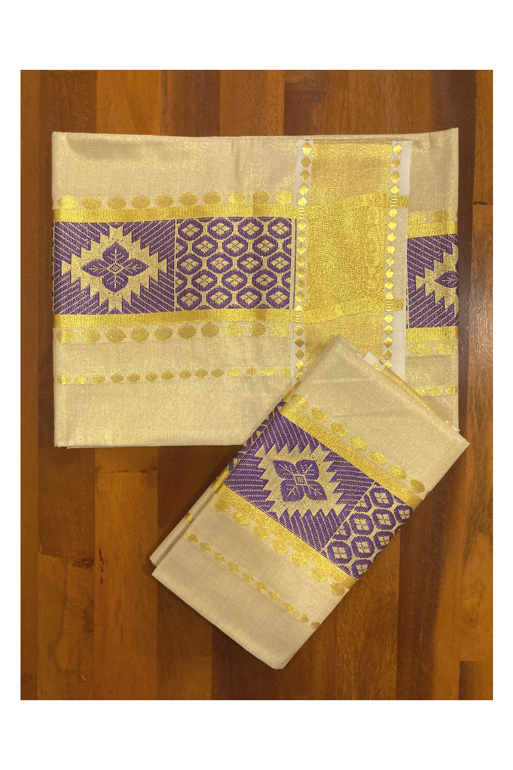 Kerala Tissue Kasavu Set Mundu (Mundum Neriyathum) with Violet Thread Work on Border 2.80 Mtrs